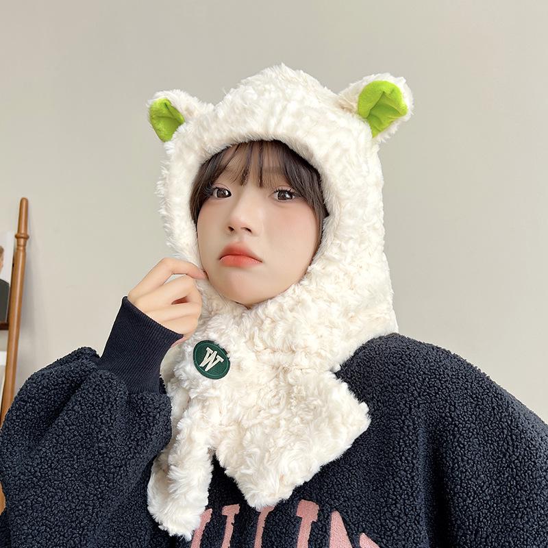 Women's Cozy Fox Ear Plush Hat with Integrated Scarf - Warm, Soft Lei Feng Design for Autumn and Winter. Perfect Ear Protection for Students.