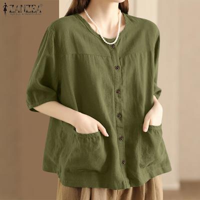 Dámská ležérní halenka s kulatým výstřihem a krátkým rukávem, patchworkovými kapsami