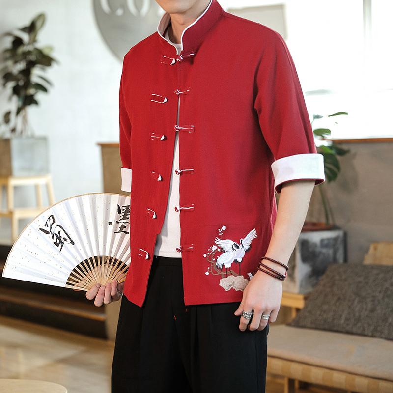 Embroidery Crane Short Sleeve Shirts Men Traditional  Casual Tang Suit Cardigan Men Chinese Style Retro Kung Fu Blouses Men