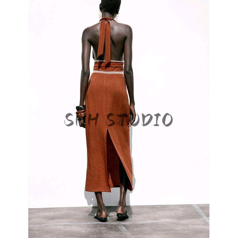Summer Women's Clothing Ruched Decoration Contrast Color Embroider Fashion Elegant Sleeveless Midi Skirt Dress 8741048