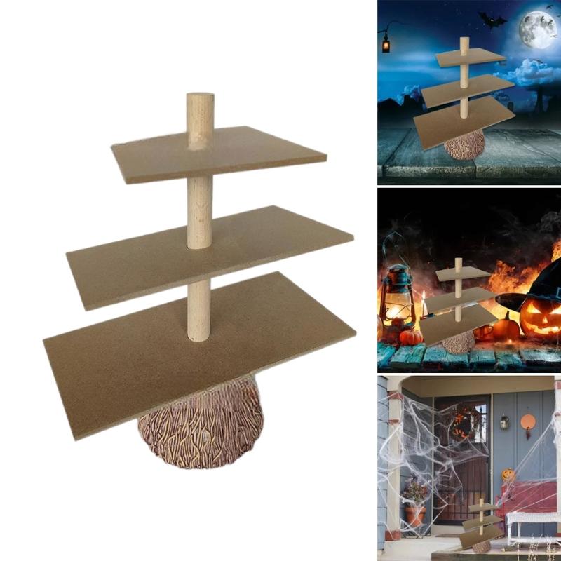 Halloween Cake Stand 3-Tiered Wood Broom Dessert Display Stand Cake Tray for Party Decoration