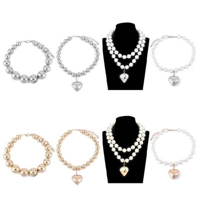Big Imitation Pearls Beads Multilayer Chain with Heart Pendant Necklace for Women