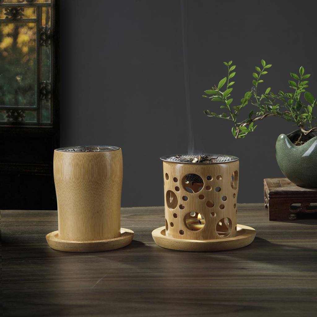 Bamboo Candle Holder Aromatherapy Heating Holder with Stainless Steel Strainer Incense Burner for Yoga SPA Aromatherapy