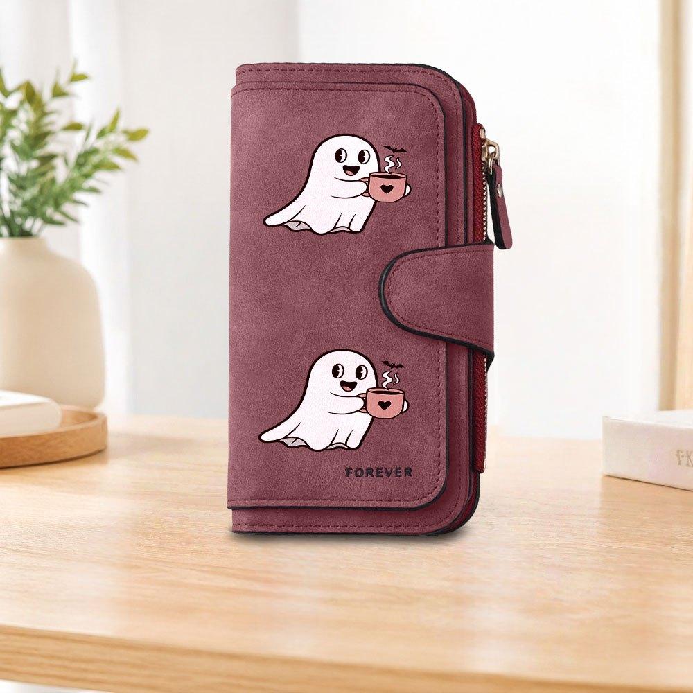 Cute Ghost Pattern Coffee Color Long Zipper Wallet Large Capacity Card Holder Unisex Clutch Bag Fashionable Zipper Coin Purse Perfect for Daily