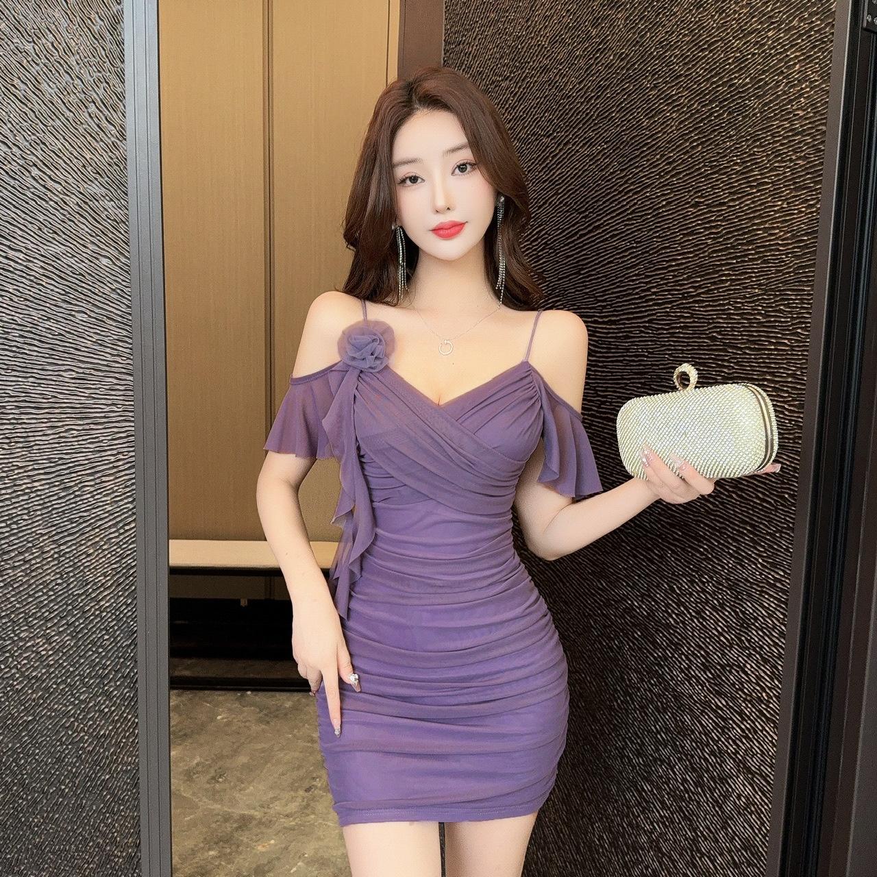 

Wind sexy mesh yarn low-cut flower splicing dress women s pure desire design sense niche waist-wrapped hip skirt L фіолетовий