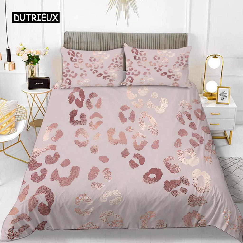 Leopard Print Duvet Cover Set Pink Girly Chic Cheetah Print Bedding Set for Boy Teen Polyester Wild Animal Theme Comforter Cover Three Piece Set