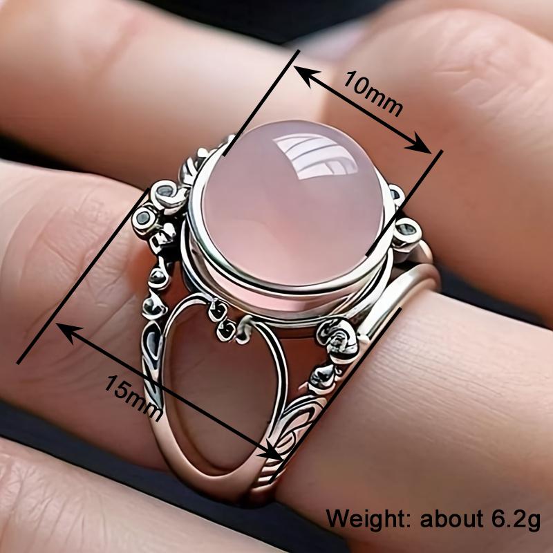 Huitan Sweet Women Ring Pink Bead Stone Aesthetic Party Accessories Engraved Design Vintage Lady Temperament Daily Jewelry