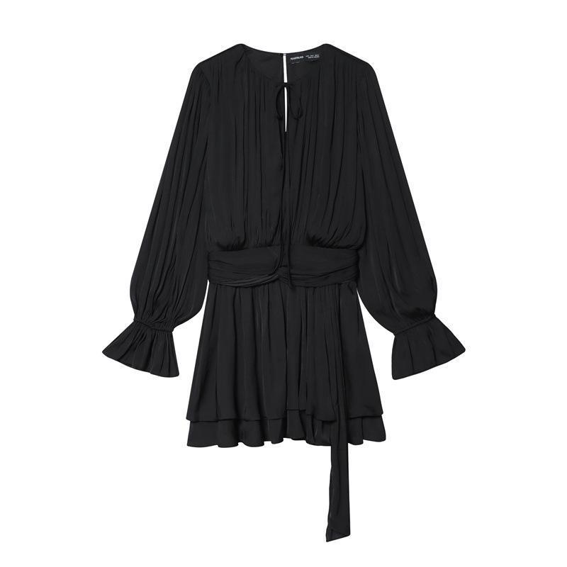 European American Style Autumn 2025 Lace-up Waist Long-Sleeved Dress