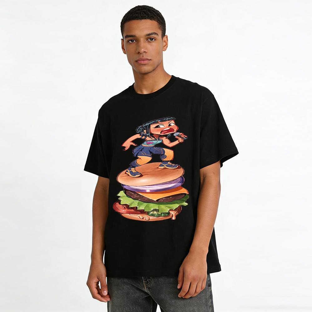 Hip-hop Girl Stepping on Giant Burger Print T-shirt Trendy Street Style Loose Casual Top Pure cotton T-shirt