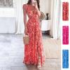 Sommarklänning för damer Nytt blommigt tryck Utskuren Djup V Sexig midja Lång veckad Klänningar för kvinnor Vestidos