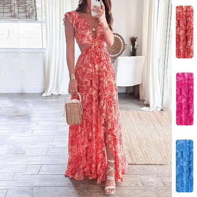 Women Summer Dress New Floral Print Hollow Out Deep V Sexy Waist Long Pleated Woman Dresses Vestidos