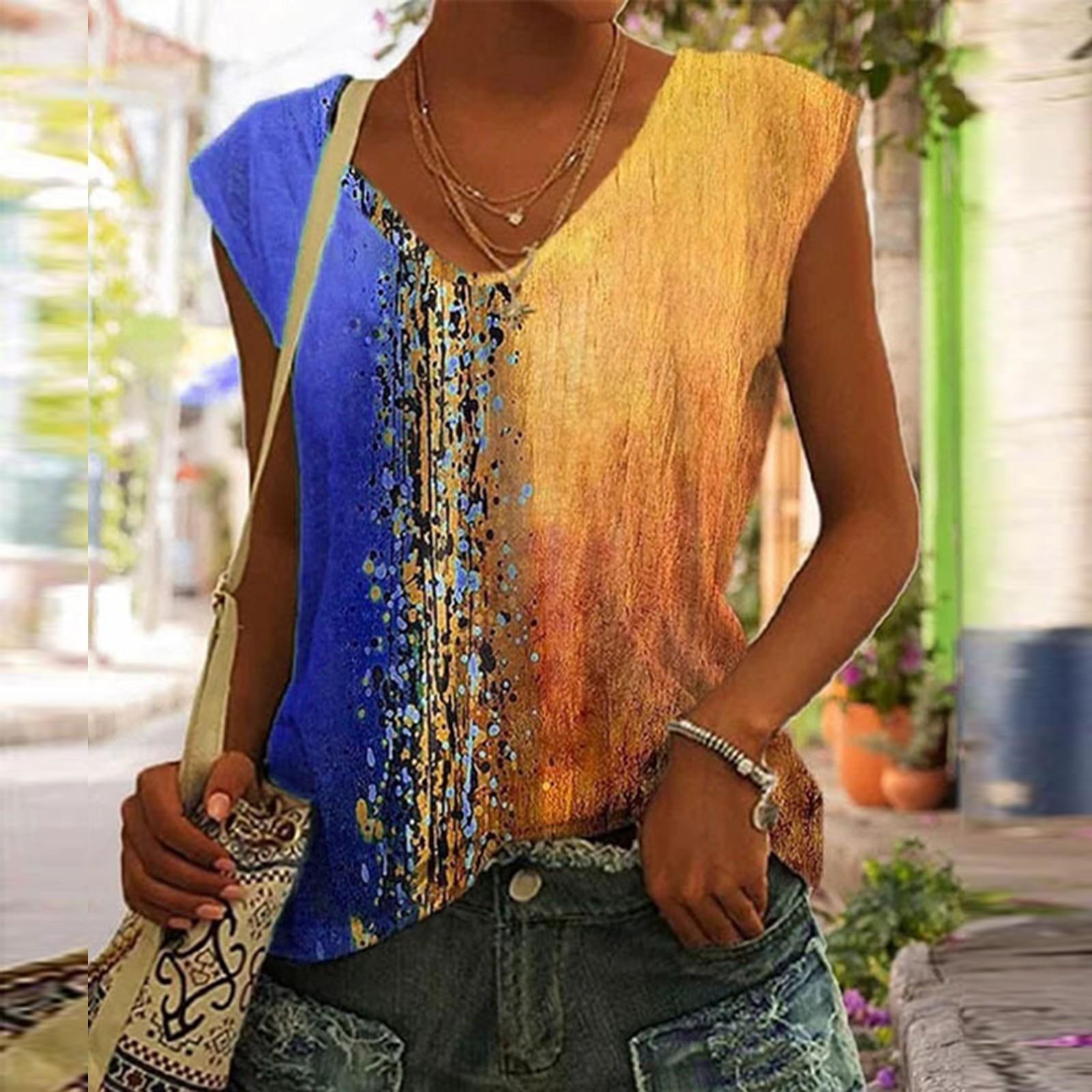 

Женская модная повседневная футболка без рукавов с v-образным вырезом и контрастным цветным принтом, топ M циан
