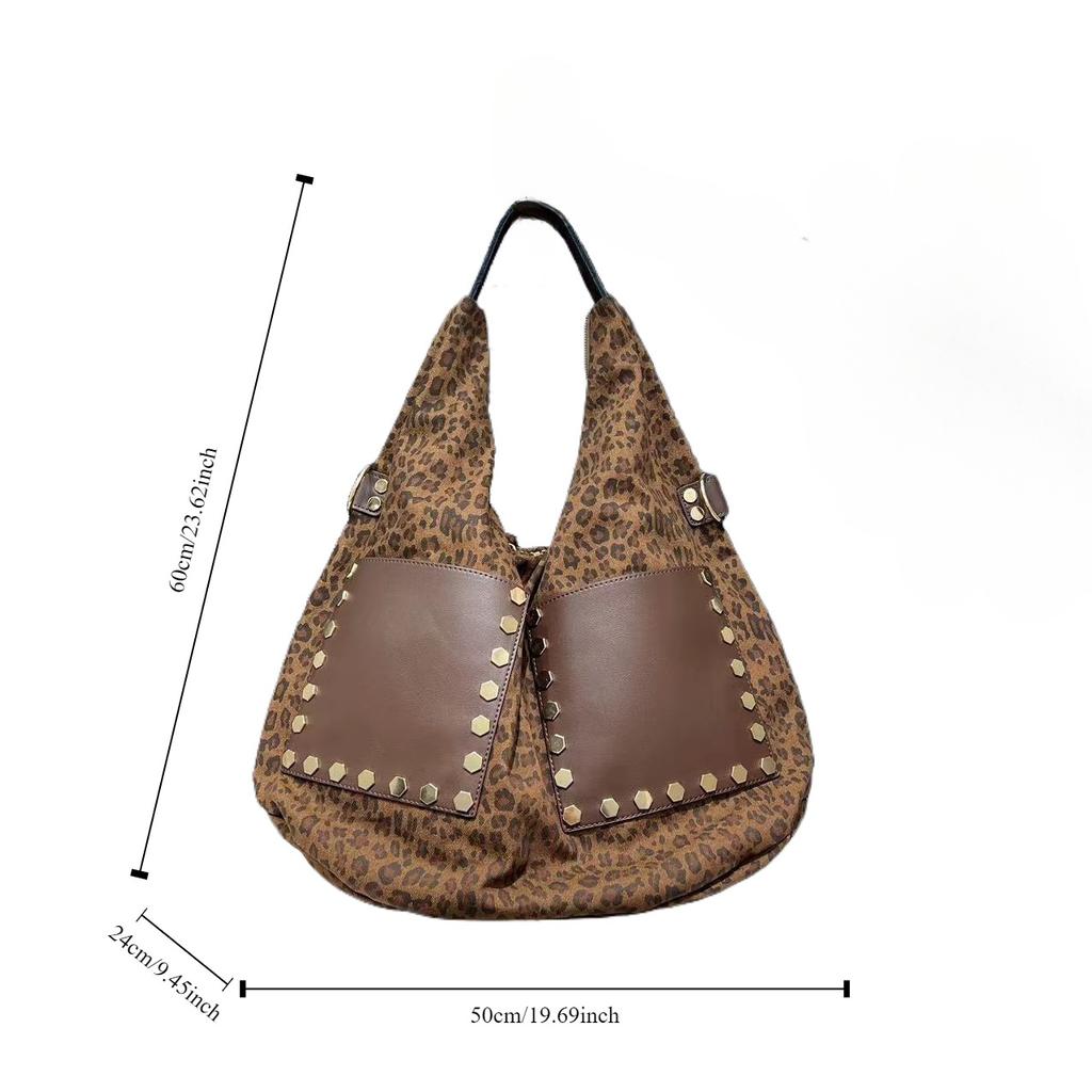 Women'S Retro Leopard Print Large Bag Large Capacity Splicing Rivet Leather Shoulder Handbag