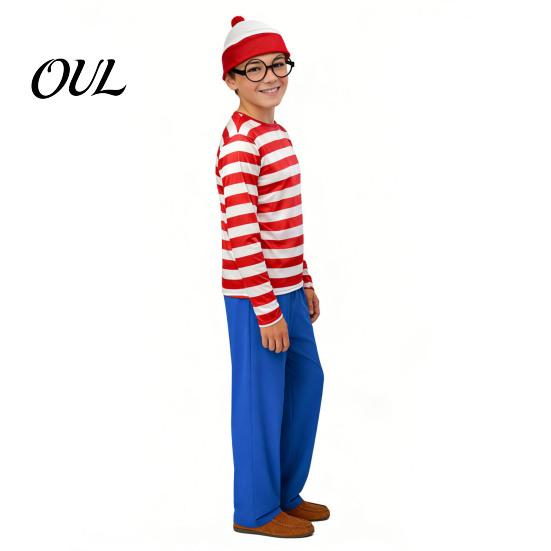 Costume Gioco di Ruolo per Bambini Adulti Halloween Camicia a Righe Rosse Bianche per Adulti Bambini, Occhiali da Secchione Outfit per Festival Cappello Incluso, Uomini Donne Bambini