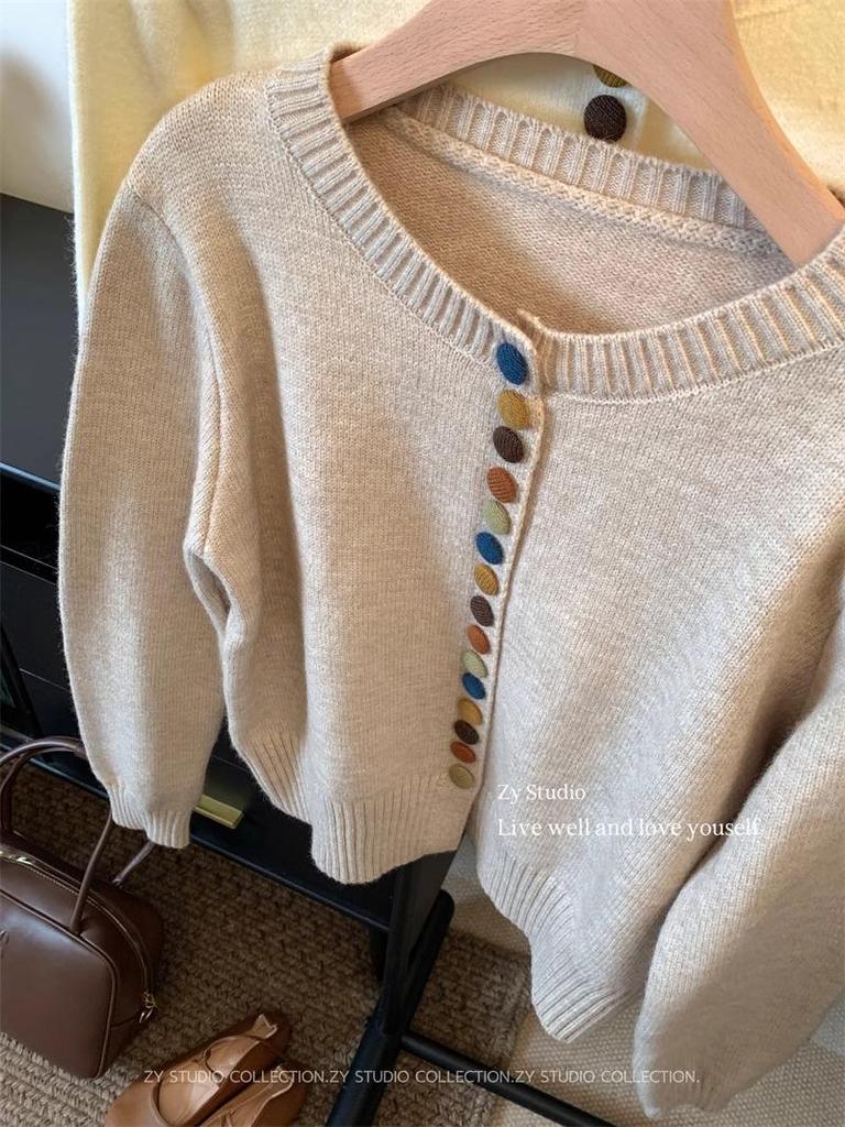Women's Autumn 2024 Red Knitted Sweater Cardigan - Colorful Button, Crew Neck, Long Sleeve, Soft Angora Blend.