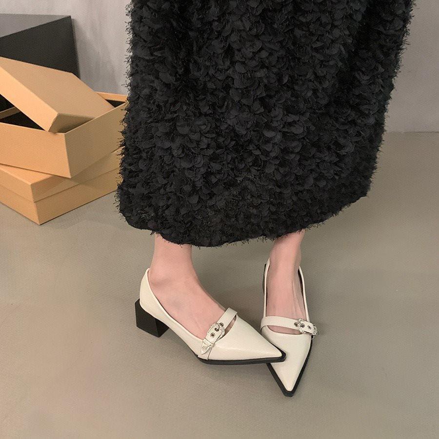 Spitze hochhackige Einzel-Schuhe Slipper Französische kleine Lederschuhe Retro Damen 2025 neues Modell schwarz dicker Absatz Koreanische Version Pendeln