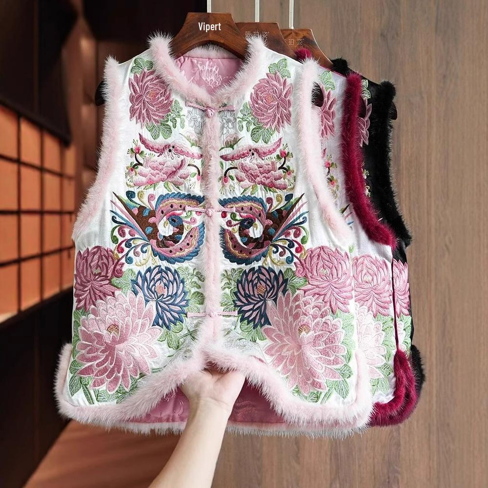 Vestă de damă brodată, căptușită cu bumbac, în stil etnic: Jachetă groasă nouă chinezească de toamnă/iarnă