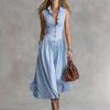 Women's Light Beige Sleeveless Collared Button Down Maxi Dress