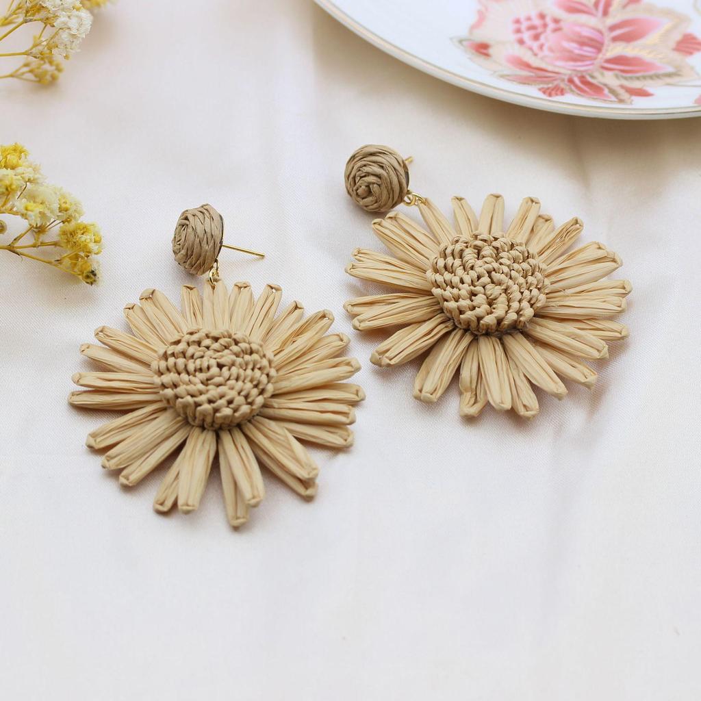 Handmade Bohemian Rattan Stud Earrings - Cross-Border Retro Vacation Style