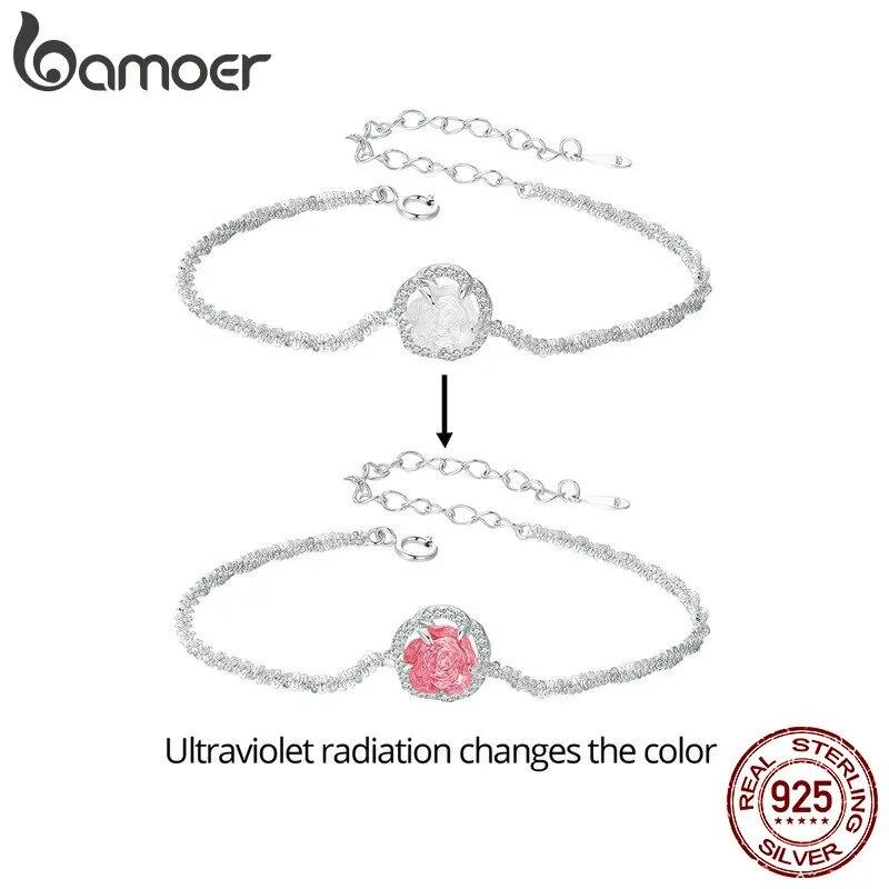 Bamoer 925 Sterling Silver Photosensitive Rose Charm Bracelet for Women | Flower Turns Red Bracelets with S925 5.9"+2.3" Cable C