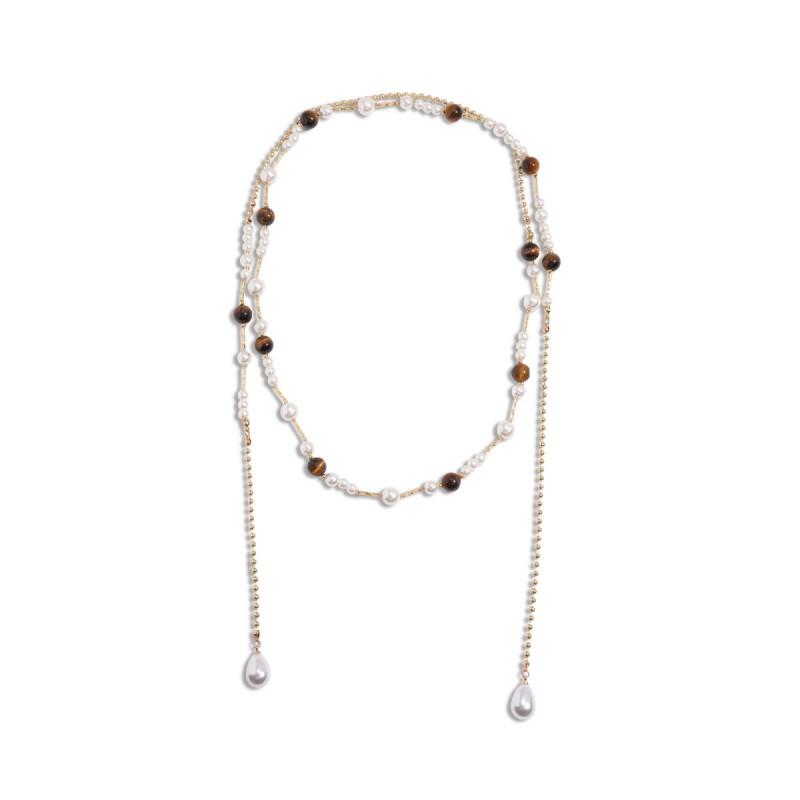 Long Layered Sweater Necklace Faux Pearl Tiger Eye Beads Vintage Elegant Fashion Jewelry Women