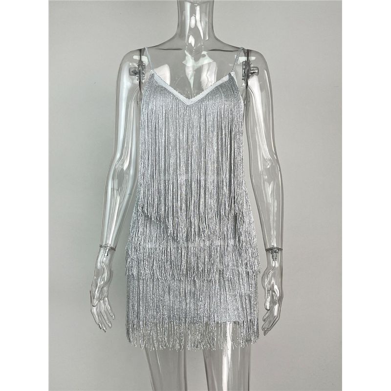 

Skirt European and American Sexy Slim Fit Backless Tassel Suspender Dress Short Skirt Sexy Tassel Mini Dress Silver XL