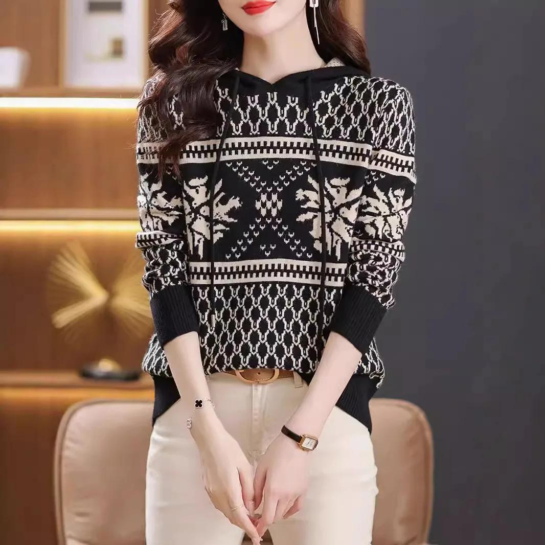 

Осень-зима, новая женская жаккардовая толстовка с кепкой, стильный топ с круглым вырезом, замедляющий старение, для ценителей моды 2XL