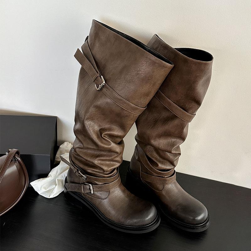 Cowhide Version~ Belt Buckle Stacked Boots Over the Knee Thick Heel Retro Old Long Boots Korean Version Boots Niche Tooling Boots Women