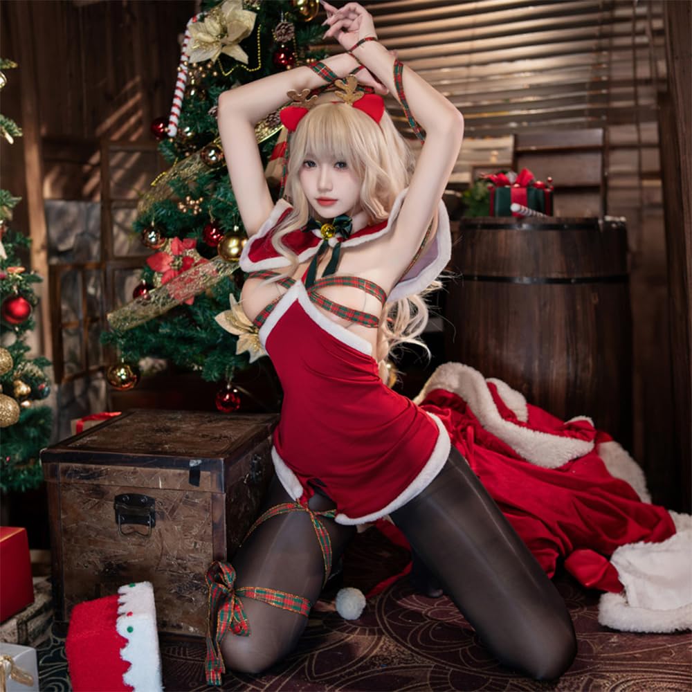 Christmas Reindeer Costume Santa Sexy Chest Open Hole Lingerie Babydoll Bow Tie Extreme Disguise Costume Cute Moe Photography One Piece Stockings Set
