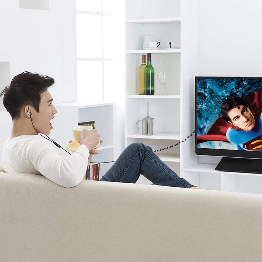 ChanGeek CGS06 Extra Long In-Ear Wired Headphones for TV & PC, 12ft (Approx. 3.6m) Spring Coil Extension Cable with Volume Control & Mic, Compatible