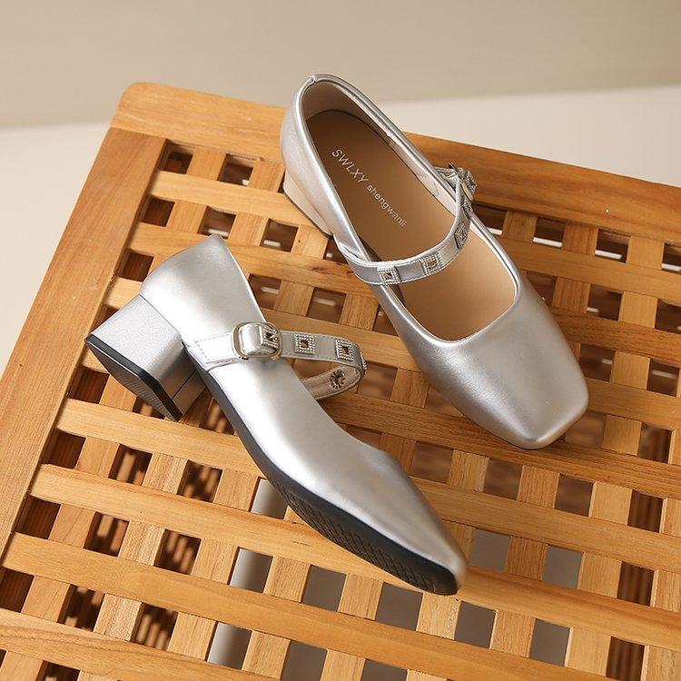 Square head Mary Jane single shoes girl 2025 autumn new French thick heel small leather shoes fairy style with skirt high heels