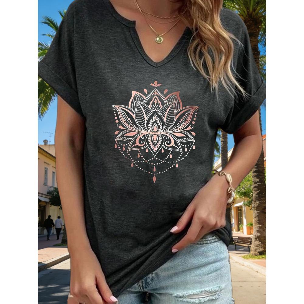 Women's V-Neck Mandala Lotus Graphic Tee, Boho Floral Print T-Shirt, Casual Loose Short Sleeve Daily Fashion Top