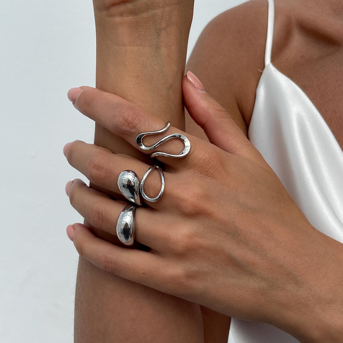 European and American Style Hollow Liquid Design Set: Simple Irregular Lava Open Smooth Rings