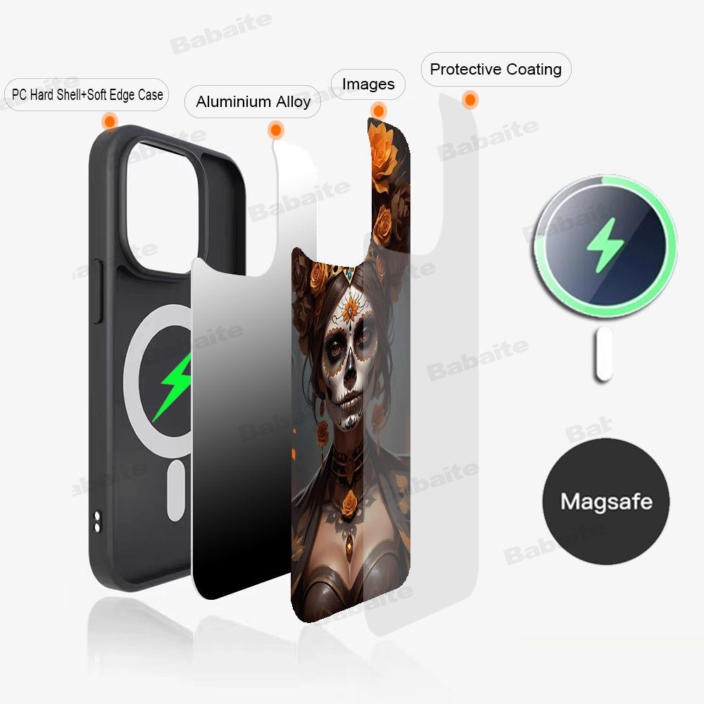 Catrina Beautiful Rose Girl Skull Phone Magnetic Case For IPhone 16 14 13 12 11 15 ProMax Plus For Magsafe Wireless Charge Cover