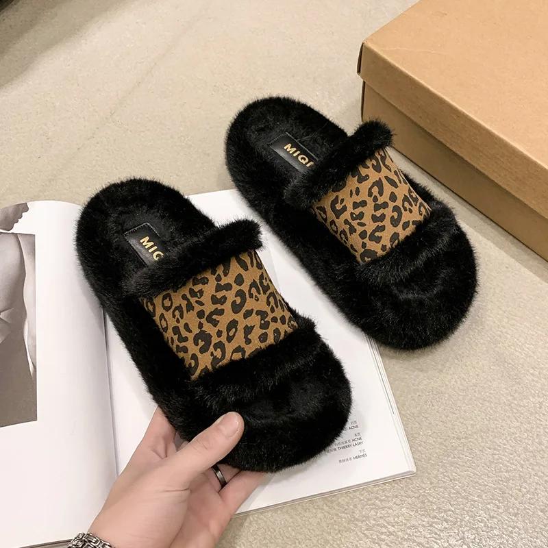 Fashion Leopard Female Shoes Womens Slippers Outdoor Heeled Mules Luxury Slides Rubber Flip Flops Fur Sliders Platform Low Hot Selling