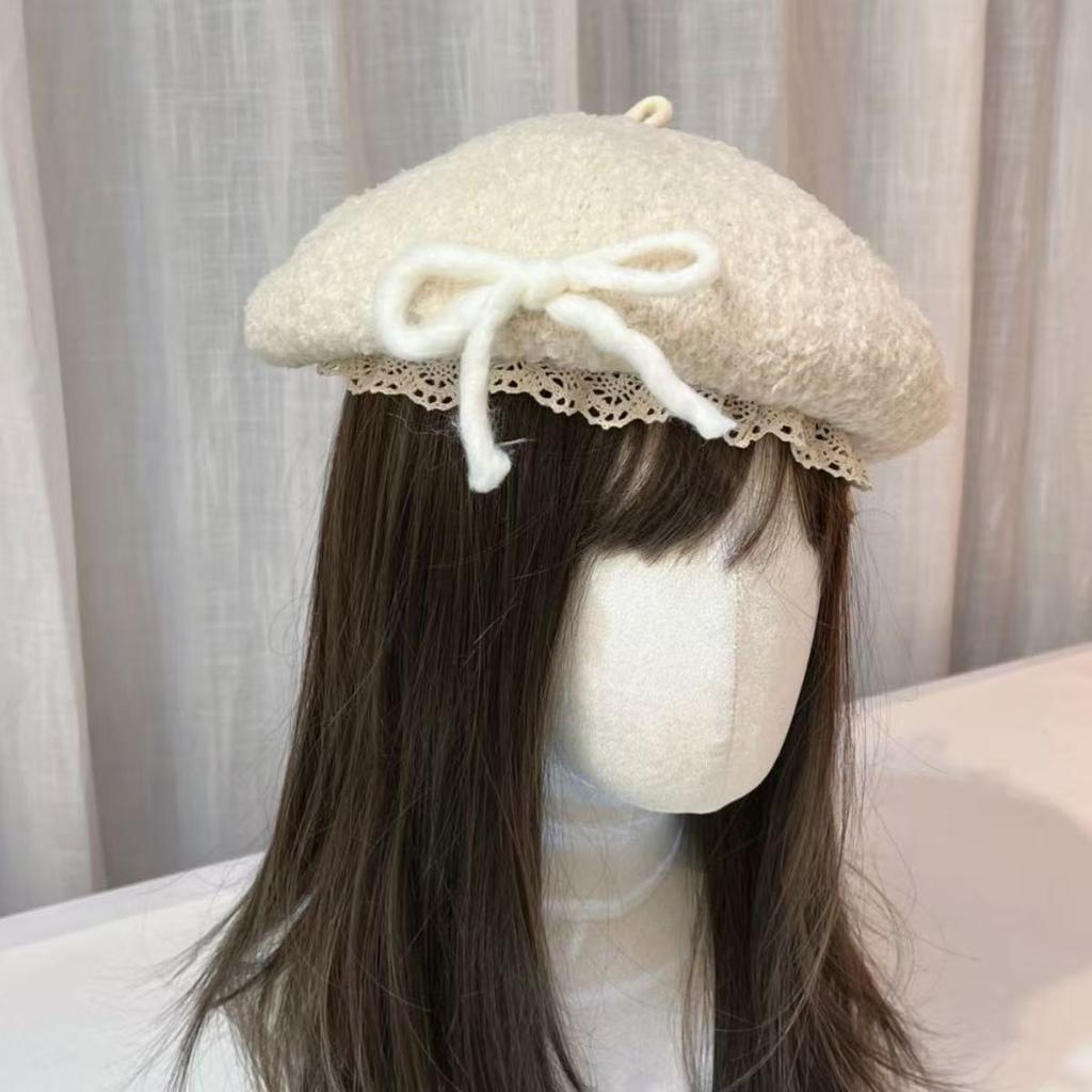 Autumn And Winter Cute Hairy Bow Lace Beret Hats For Women Daily Wear Travel Pography Warm Fashion Versatile Painter Hata