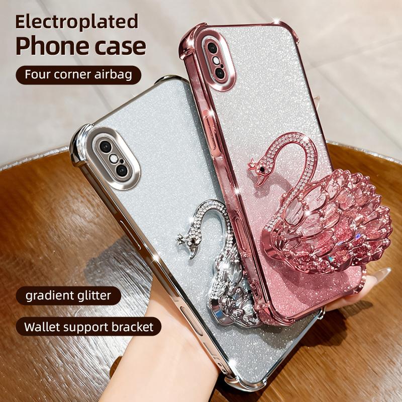 KEYSION Shockproof Plating Phone Case for iPhone XS Max Clear TPU Glitter Jewelled Swan Kickstand Back Cover for iPhone X XR