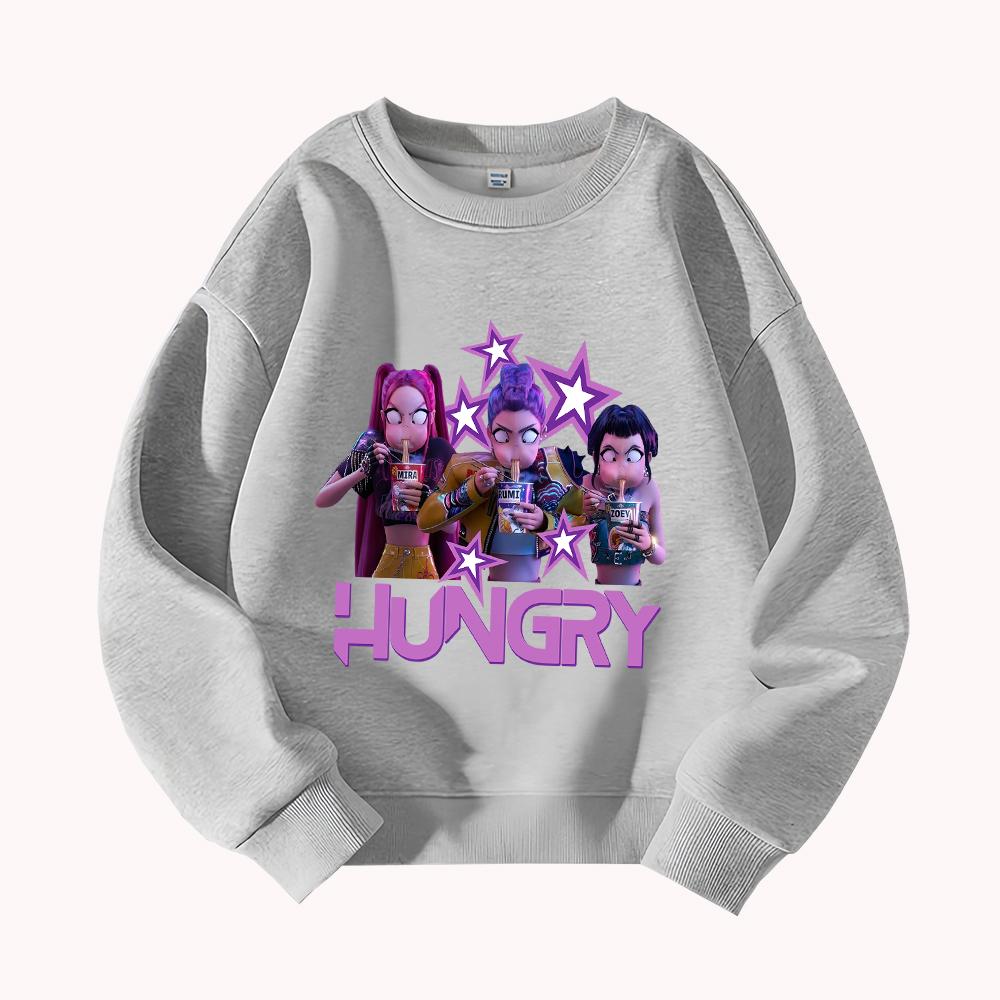 Hungry Graphic Sweatshirt Women's Casual Round Neck Pullover with Anime Girl Print Star Design Fashion Streetwear Top