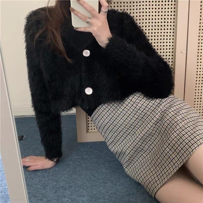 Spring Autumn Women V-neck Imitation Mink Fur Soft Mohair Knitted Sweater Cardigan Coat Short Top