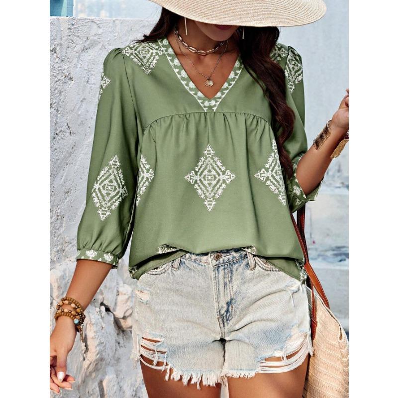 Women Oversize Printed V Neck 3 4 Sleeve Casual Summer Fashion T Shirt