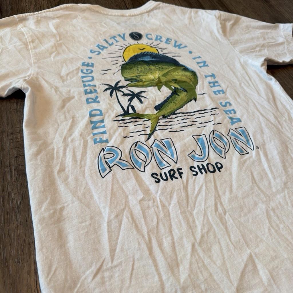 Salty Crew Premium Ron Jon Surf Shop White Graphic Logo Shirt Mens M Crew Neck XXL