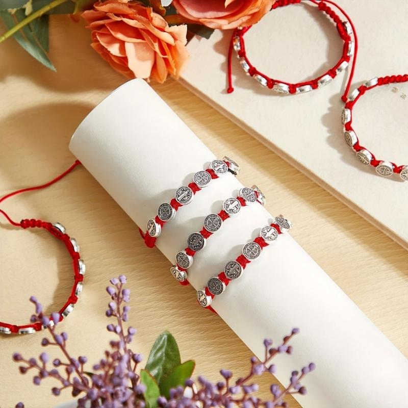 Set Of 12 Saint Benedict Charm Bracelets Handmade Wristbands Adjustable Length Wristchains Religious Blessing Jewelry