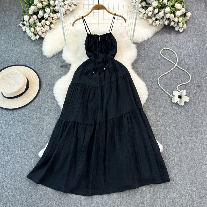 

Socialite Temperament Waist-Controlled A- line Chiffon Big Swing Long Dress Black One size
