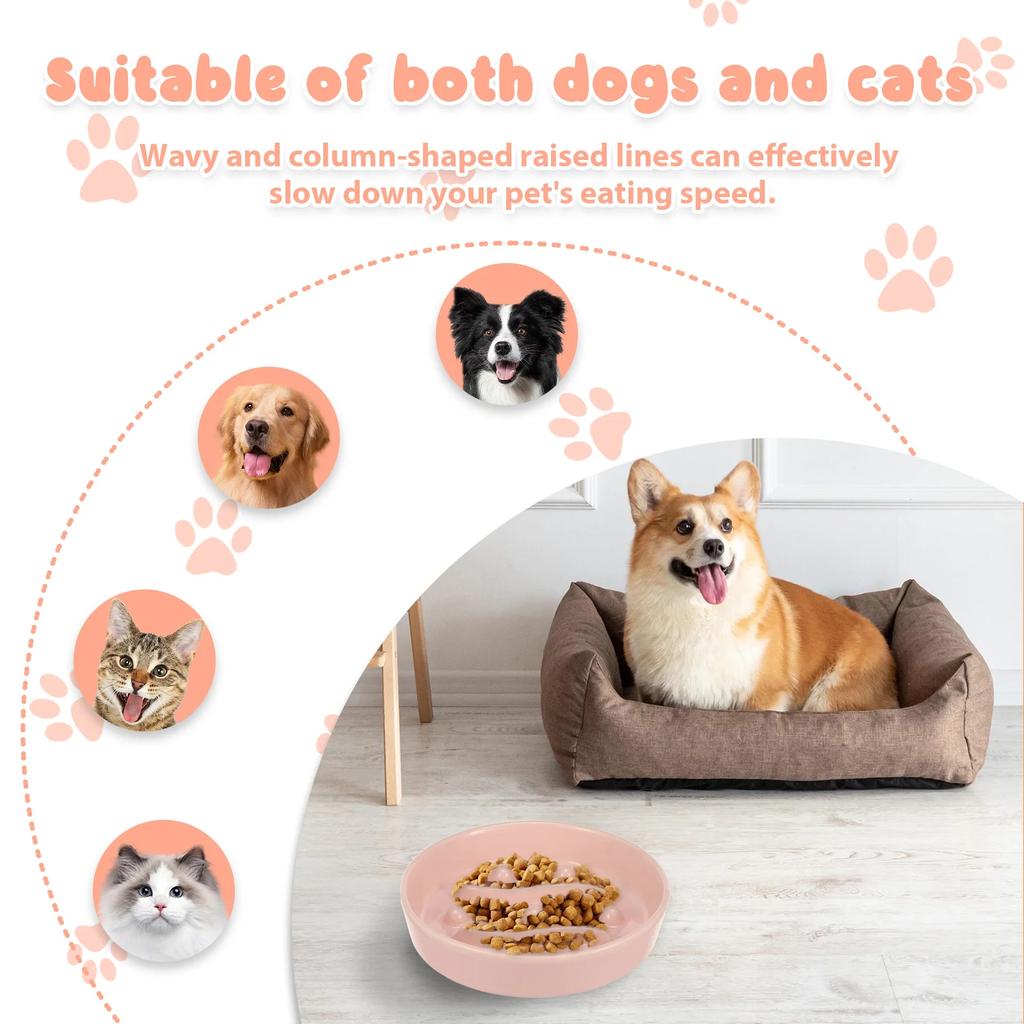 2Pcs Cat Dog Slow Feeder Bowl Ceramic Pet Food Bowl Cat Dish with Nonslip Bottom for Kitten Puppy Pet Feeding Watering Supplies