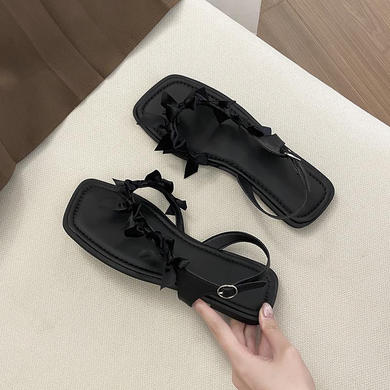 Version papillon~ Sandales plates féeriques à nœud pour femme, boucle à un mot, bout carré, chaussures à jupe