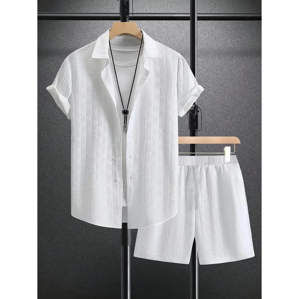 Men's Lightweight Summer Beach Set: Casual Short Sleeved Button Up Shirt and Elastic Waisted Shorts - Polyester Fiber Blend, Beach Casual Clothing