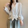 Loose Lace-up Drawstring Blouse V-neck Ladies Shirt Top Fashion Long Sleeve Shirts  Female