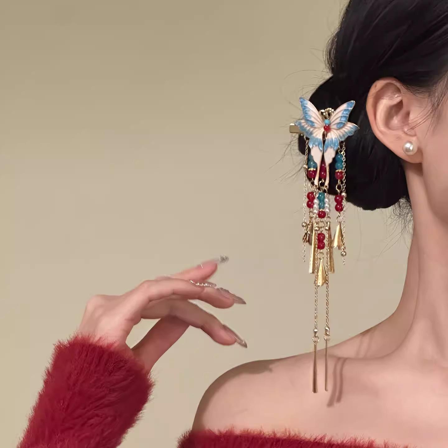 Butterfly Tassel Pearl Hair Clip - New Year Retro Chinese Style Hair Accessory for Women