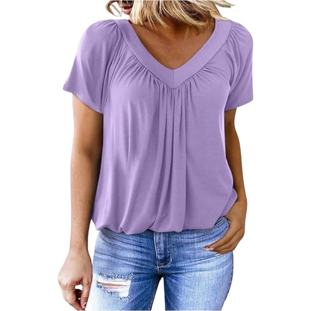 Damen Freizeit Farbe V-Ausschnitt Falten Kurzarm Top V-Ausschnitt Falten Kurzarm Top