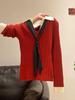 Women's Red Slim Fit Knitwear Tie-Up Sweater - Polo Neck Long Sleeve, Fake Two-Piece Style, Winter Base Layer